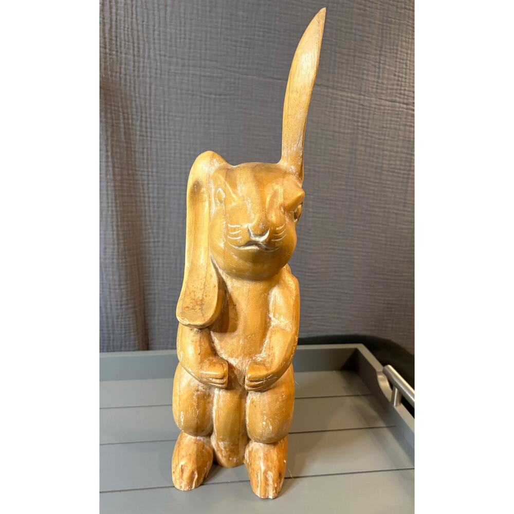 Vintage Hand-Carved Wooden Rabbit Figurine | Made in Indonesia | Folk Art Decor